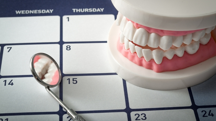 Dental model and mirror on a calendar representing a dental checkup schedule.